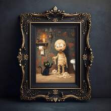 1PC Halloween Cat And Mummy Print, Funny Bathroom Decoration, Scary Halloween Decoration, Cat Lover Halloween Gift, Cat Litter Box Humor, Canvas Wall Art, Posters For Room, Home Decoration, Room Decoration Aesthetic, Room Decoration Stuff. Optional Frame