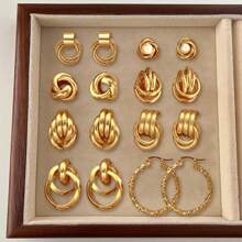 18pcs Fashionable, Minimalist, Elegant, Delicate, Retro Design Layered Pearl Knot, Ribbon, Geometric Criss-Cross, Shimmering C-Shaped Hoop, Chunky Wide Face Stud Earrings Set, Suitable For Holiday, Party, Date, Gift, Daily Wear - Yellow Gold - View 1