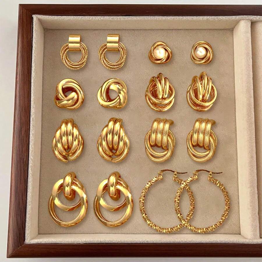 18pcs Fashionable, Minimalist, Elegant, Delicate, Retro Design Layered Pearl Knot, Ribbon, Geometric Criss-Cross, Shimmering C-Shaped Hoop, Chunky Wide Face Stud Earrings Set, Suitable For Holiday, Party, Date, Gift, Daily Wear - Yellow Gold - View 1