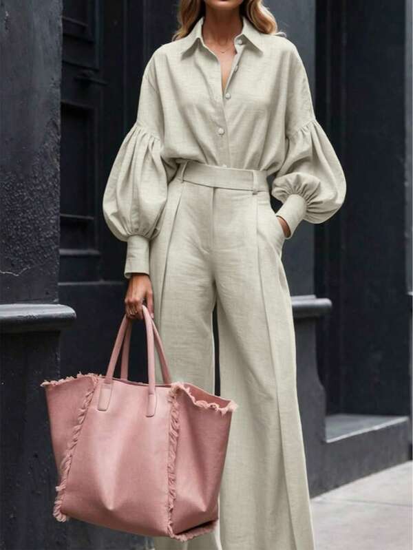 Women's Elegant 2-Piece Set, Solid Color Petal Sleeve Collared Blouse + Loose Pocket Wide Leg Pants, Suitable For Commute, Business, Holidays, Vacation, Autumn/Winter
