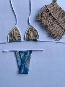 Conjunto de Biquini de Fita Marmorizado Cortininha Calcinha Fio Dental Moda Praia Feminino 2025 - Azul - Visão 4
