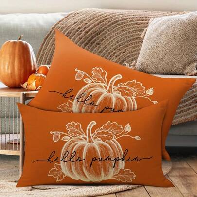 2 件农舍枕套，Hello Pumpkin 秋季靠垫套，简约质朴亚麻单面印花枕套，季节性秋季家居装饰，户外农舍抱枕套，适用于家庭沙发床装饰，30x50 厘米（拉链式，无枕芯）