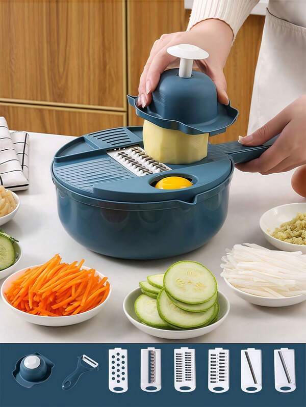 12 Piezas Rebanador Circular De Verduras Azules, Rebanador Multifuncional De Frutas, Molinillo De Alimentos Manual, Máquina De Molienda De Verduras, Cortador Con Contenedor, Molinillo De Patatas De 6 Cuchillas, Rebanador De Patatas Casero, Utensilio De Cocina