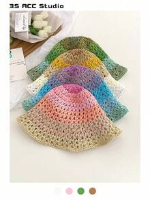 1pc Women Dopamine Gradient Weaven Round Top Straw Hat, Summer Beach Sun Protection Hat, Face-Slimming Bucket Hat, Breathable Bohemian Hollow Straw Hat - Straw Bucket Hat - View 2