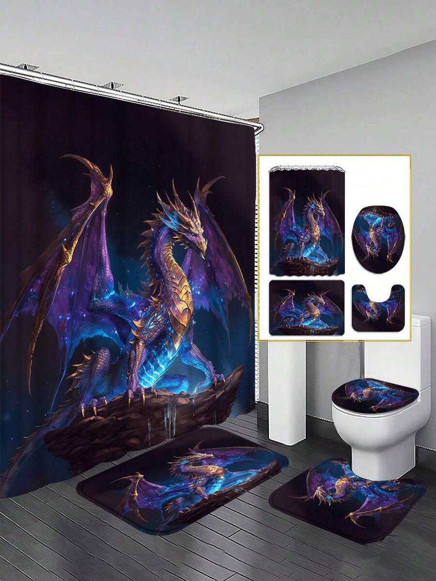 4pcs Purple Dragon Shower Curtain Sets With Rugs, Purple Dragon Bathroom Shower Curtain Set With Rugs, Toilet Lid Cover And Bath Mat, Modern Bathroom Decor With Bath Mats And 12 Plastic Hooks - Nhiều màu - Xem 1