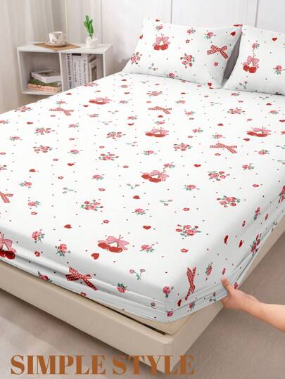 1 pieza Sábana ajustable, Ropa de cama elegante y femenina con estampado de cerezas, Protector de colchón, Cubrecama, Sábanas, Textil para el hogar acogedor, Piel amigable, Blanco, Protector de colchón transpirable y anti-pelusas, Decoración del hogar, Cubrecama decorativo para dormitorio, Se ajusta a todos los tamaños de cama - Individual, Doble, Queen, King, Apto para todas las estaciones, Lavable a máquina