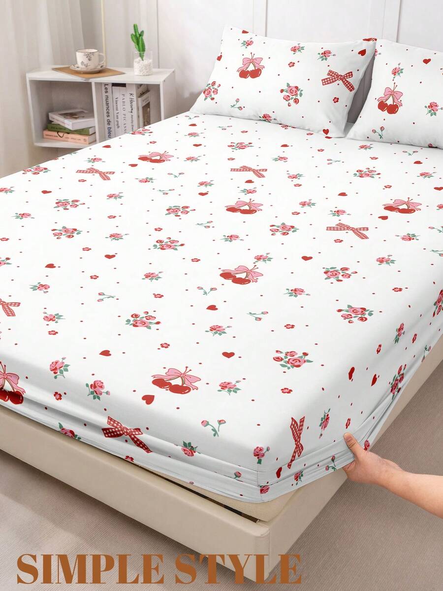 1 pieza Sábana ajustable, Ropa de cama elegante y femenina con estampado de cerezas, Protector de colchón, Cubrecama, Sábanas, Textil para el hogar acogedor, Piel amigable, Blanco, Protector de colchón transpirable y anti-pelusas, Decoración del hogar, Cubrecama decorativo para dormitorio, Se ajusta a todos los tamaños de cama - Individual, Doble, Queen, King, Apto para todas las estaciones, Lavable a máquina