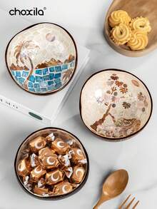 choxila 1个椰壳碗配木勺，复古圆碗，甜点碗，适用于糖果、巧克力、甜点，家用餐具，天然木碗，厨房、庭院、圣诞节。返校礼物，学校用品 - 貝殼椰碗 - 查看 5