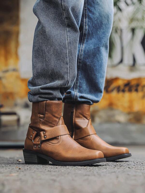 Mioeert Old West Boots Men's Ankle Harness Leather Lined Motorcycle Boots Men's Classic Western Cowboy Square Toe Cowboy Boots