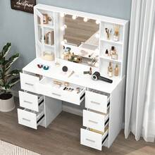 Large Dressing Table With Dimmable LED Mirror And 7 Drawers Makeup Vanity Desk - White - View 3