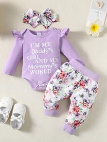 Conjunto de 3 piezas para bebé niña: body de color sólido con letras, pantalones florales y diadema - Morado - Ver 1