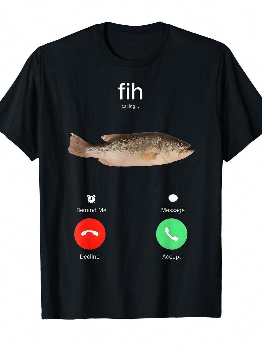 Fih Call Reminder Message Reject Call Funny Boat Neck T-Shirt With Fashion Print Casual Comfortable Travel Clothing Suitable For Fashion Enthusiasts Summer Spring Autumn And Daily Wear T-Shirt - màu đen - Xem 1