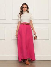 Women's Long Round Skirt Tailored Oxford Fashion Evangelical Casual Basic Winter High Waist Elegant - 玫紅色 - 查看 2