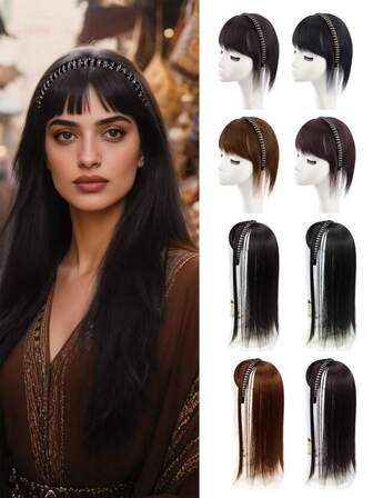 带刘海的钻头箍假发，遮盖白发，改变发型，提升气质。精致发饰，适合聚会、派对等场合