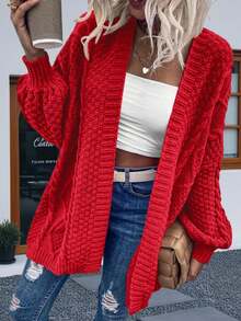 Womens Oversized Open Front Cardigan Sweaters Cable Knit Lantern Sleeve Chunky Knit Coats - Đỏ - Xem 5