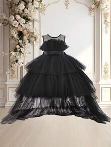 Đầm dự tiệc cổ tròn bằng vải tuyn đính nơ thanh lịch cho bé gái, phù hợp với sàn diễn thời trang, tiệc tối, không kèm băng đô - màu đen - Xem 2
