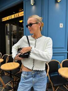 SEREN Autumn/Winter New White Single-Breasted Contrast Wave Hem Knit Sweater, Gentle, Minimalist, Elegant, Casual, Versatile, Relaxed Pullover Sweater, Women's Autumn Apparel - White - View 4