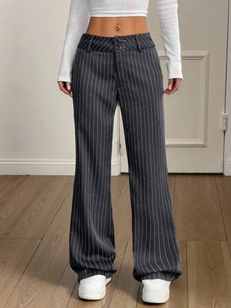Women's Polyester Pinstripe Straight Leg Long Pants Non Stretch For Casual Wear