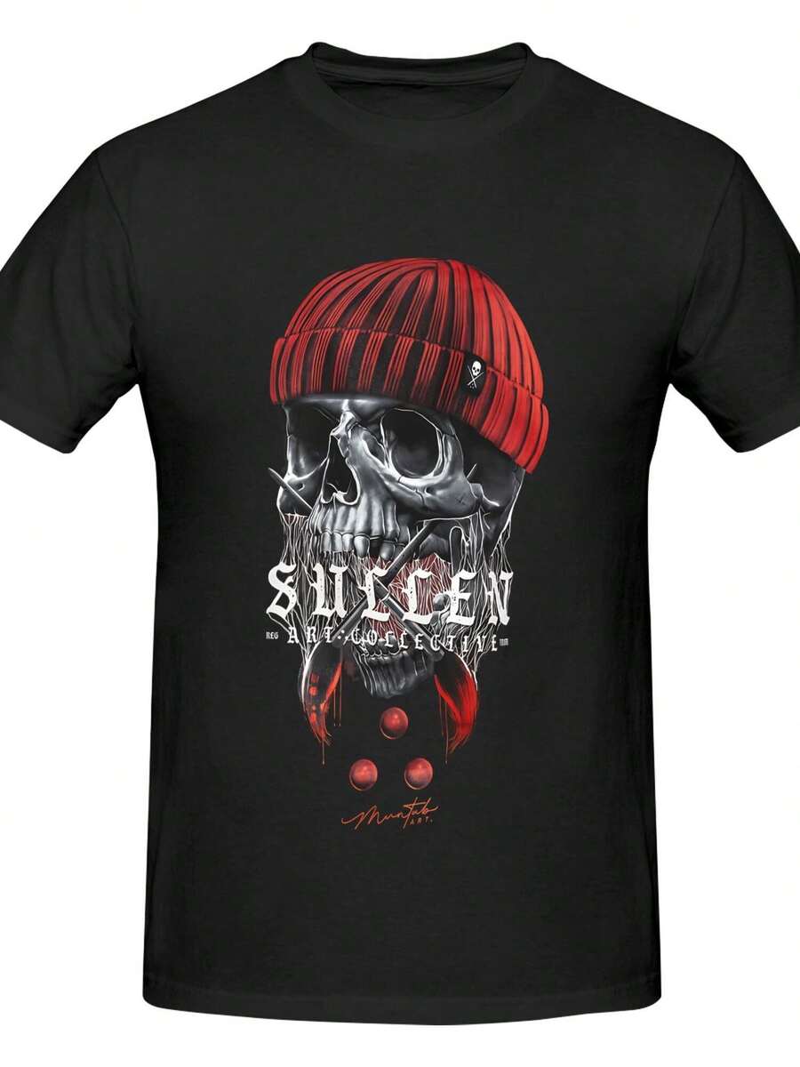 Sullen Art Collective Graphic T-Shirt For Men - Urban Style With Skull And Red Hat, Loose Fit In Heavy Cotton For Concerts, Festivals And Casual Wear - Printed And Shipped From The USAUU., Autumn And Winter Clothing, Medium Elastic Fabric, Durable Material, Streetwear Fashion, Urban Style - 黑色 - 查看 1