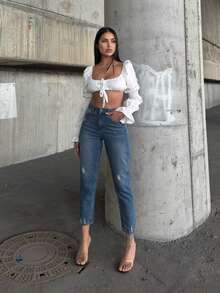 Hoch taillierte Knie Laser zerrissene Freund Mutter Jeans, einfarbig zerstört asymmetrische/asymmetrische Taschen