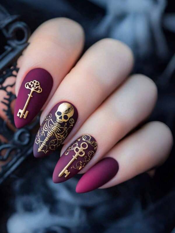 Halloween Nails Press On Nails Almond Halloween Mid-Length Almond-Shaped Nail Patches, Reddish-Brown Nail Patches, Golden Skull Key Pattern Fake Nail Patches, Detachable, 24 Pieces Nail Patches. Simple And Fashionable Nail Patches, Suitable For Wearing On Halloween. Beautiful Nail Art Is Also The Best Gift For Friends. High-End Nail Art Can Well Show The Charm Of Your Fingertips Nails Y2K Nails Nail Supplies Nails