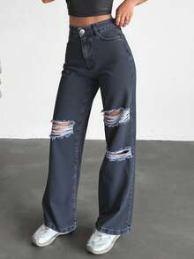 Damen hohe Taille Knie Laser Destroyed Weite Hose, einfarbige Hosentaschen mit Reißverschluss