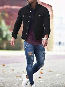 Men's Slim Casual Cotton Denim Jacket Coat - Black - View 4