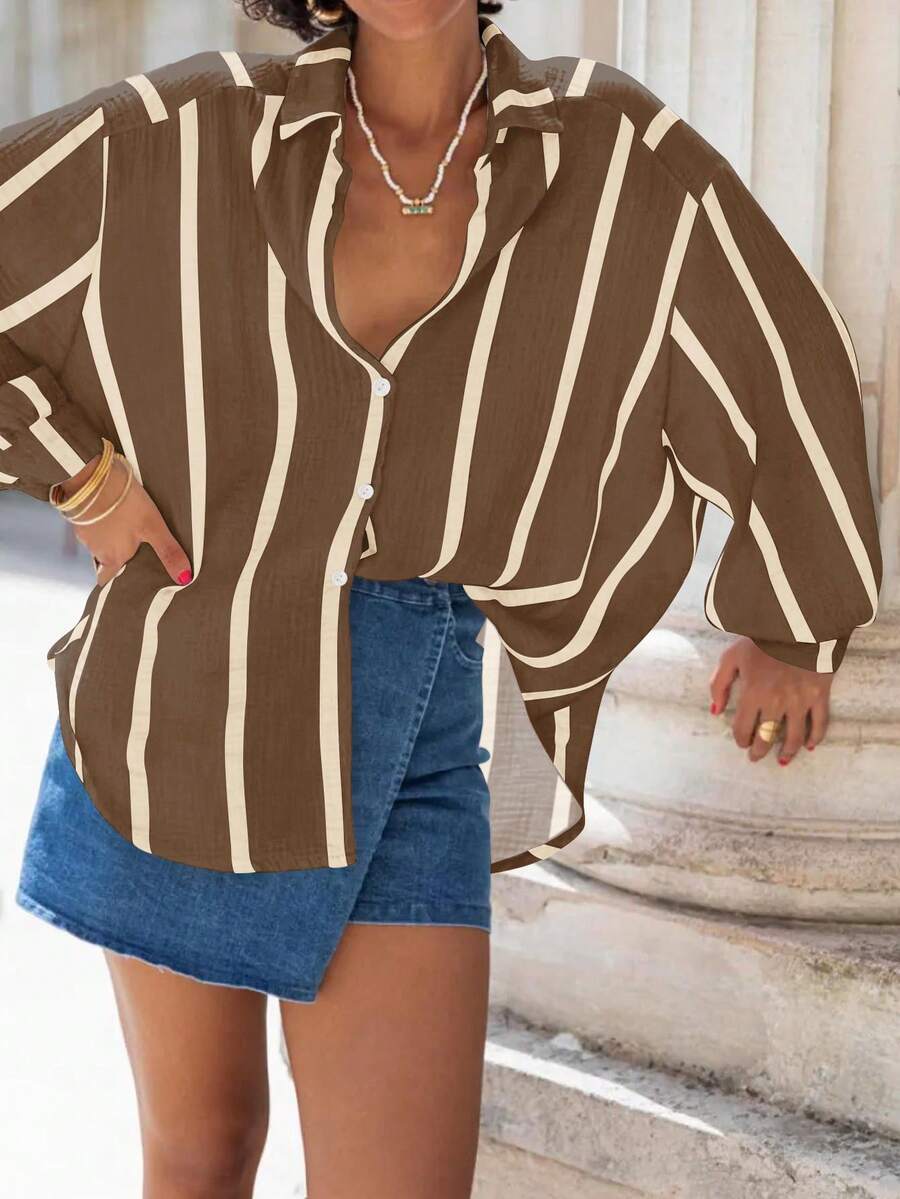 Áo sơ mi nam kẻ sọc oversized cho nữ, áo cánh cài nút phía trước ngắn phía sau dài, thường ngày, phù hợp cho mùa xuân, hè, thu - Dải mơ nâu - Xem 1
