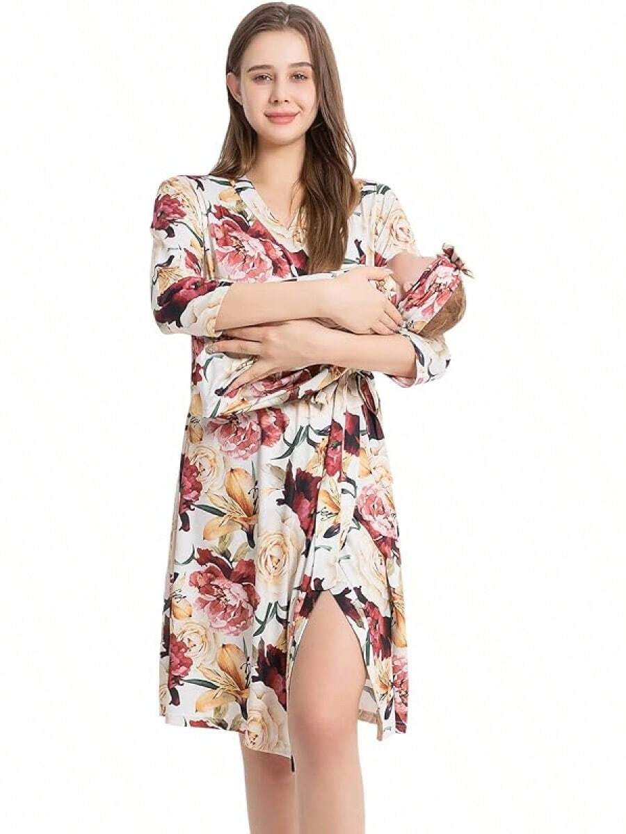 Conjunto de bata de maternidad y manta de recepción para bebé para el trabajo de parto y el parto - Marfil - Ver 1