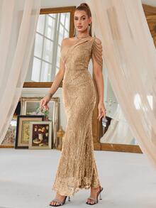 One Shoulder  Sequin Formal Dress Evening Gown Wedding Guest Dress For Birthday, Wedding Guest,  Dinner - Vàng - Xem 6