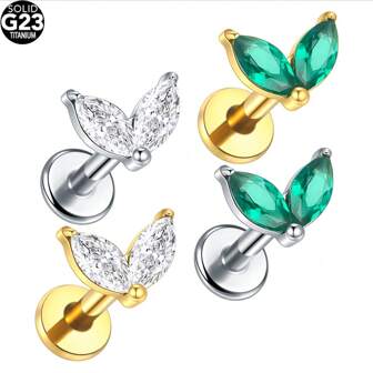 SWANJO 1 件钛金白绿双榄尖形 CZ 螺旋穿孔内螺纹耳钉女式耳骨饰品