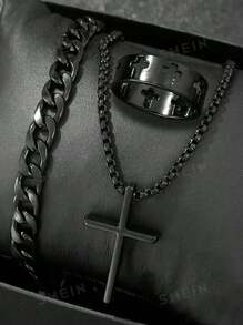 3pcs/Set Cross Pendant Necklace, Carved Hollow Ring, Men's And Women's Fashionable Hip-Hop Chain Bracelet Set, Gift Giving, Daily Wear Jewelry - Necklace Set - View 1