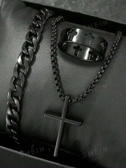 Set de 3 piezas que incluye: Collar con colgante de cruz, anillo hueco tallado, pulsera de cadena de moda hip-hop para hombres y mujeres, regalo, joyería de uso diario