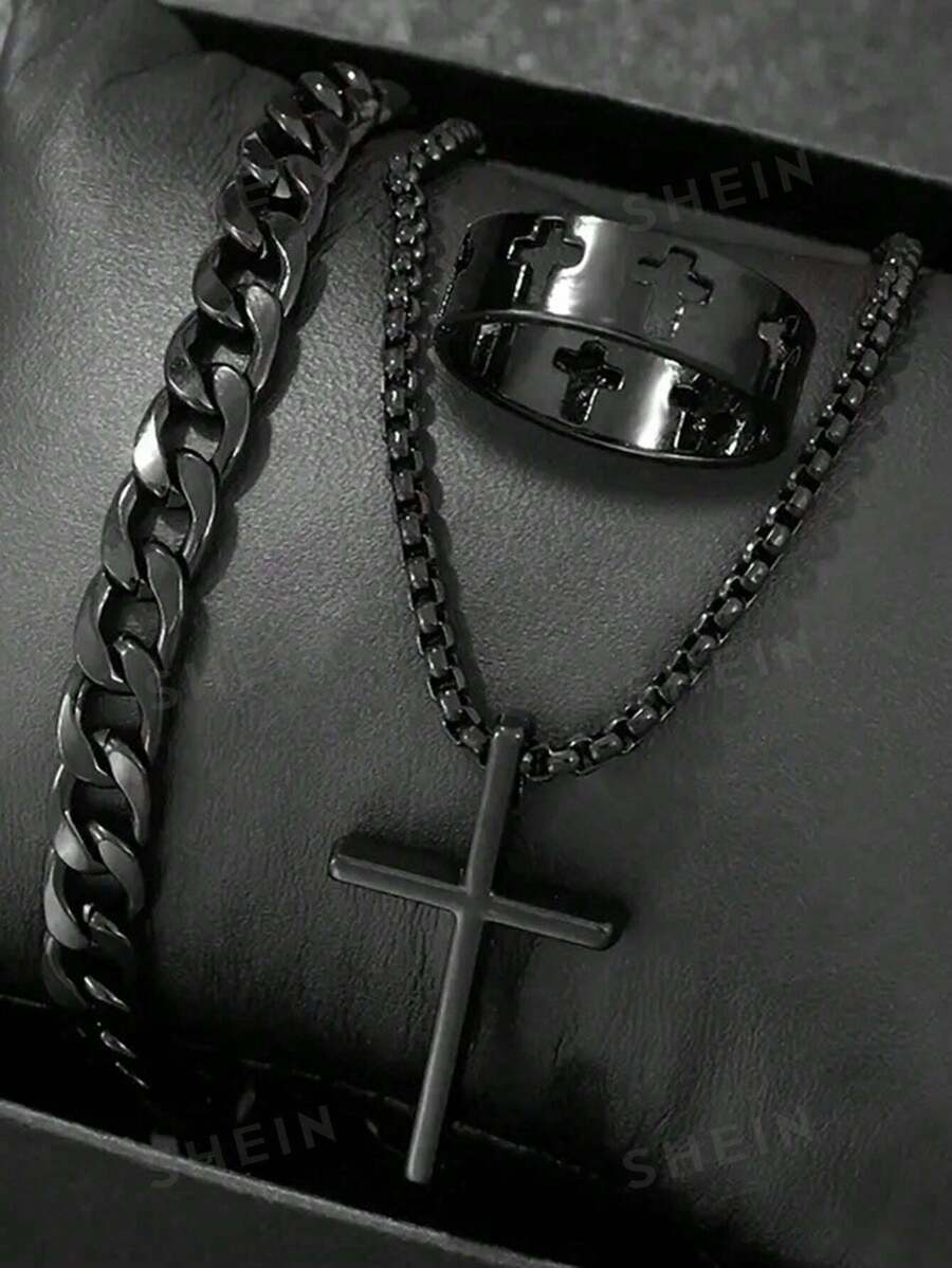 3pcs/Set Cross Pendant Necklace, Carved Hollow Ring, Men's And Women's Fashionable Hip-Hop Chain Bracelet Set, Gift Giving, Daily Wear Jewelry - Necklace Set - View 1