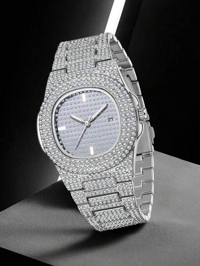 ساعة رجالية فاخرة مرصعة بالراين ستون، عصرية وكاجوال مع وظيفة التقويم في الميناء، ساعة كوارتز مناسبة للارتداء اليومي أو كهدية للمناسبات