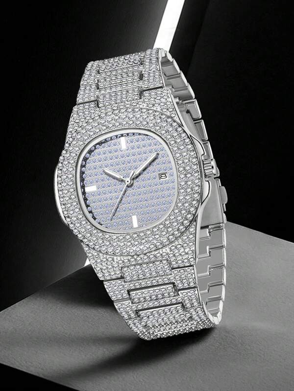 1 peça de pulseira de strass de luxo masculina, moderna e casual com mostrador de função de calendário, relógio de quartzo adequado para uso diário ou presentes de feriado