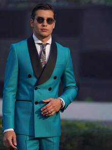 Men's 2-Piece Suit Set, Double-Breasted Fitted Sport Jacket And Trousers, Perlis Pattern Suit - Wedding Tailcoat, Business Suit - 青碧色 - 查看 1