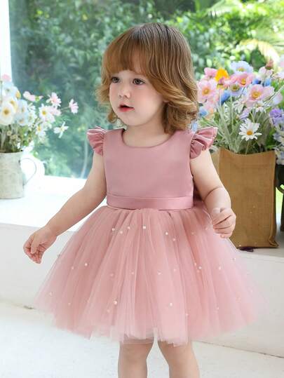 Baby Girl Cap Sleeve Bow Tulle Party Dress, Elegant Princess Dress For Girls, Suitable For 1st Birthday, Wedding, Banquet, Party