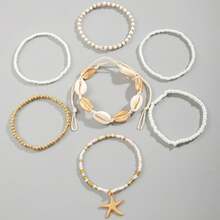 7pcs/Set Of Fashionable Stacked Beach Casual Vacation Starfish Hand Accessories Bohemian Rice Bead Bracelet Set Party Gift For Women Fashion Jewlery - 白色 - 查看 3