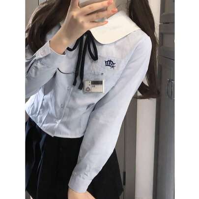 스위트 칼리지 스타일 스트라이프 피터팬 칼라 타이 보우 여성용 숏 롱 슬리브 블라우스, 가을/겨울