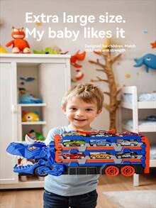 儿童超大恐龙滑轨车，超长轨道，一键弹出，可变形，室内/室外双模式，可玩耍，可收纳多辆迷你车，男孩亲子互动益智玩具，儿童礼物（合金车颜色和款式随机） - 彩色 - 查看 4