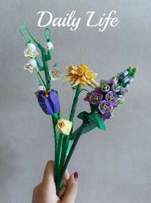 1 Box Miniature Building Blocks Artificial Flowers Bundle Diy Unique Decor For Home, Plant Series, Suitable As Home Decoration, Girlfriend's Gift, Mother's Day Gift, Birthday Gift, Toy, Lavender And Pink Rose Room Decoration