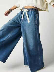 Women's Casual Versatile High Waist Wide Leg Loose Fit Denim Jeans - Blue - View 3