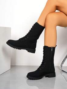 Botas de mujer de moda versátiles con cordones, hasta el tobillo/media pantorrilla/motocicleta, botas de tobillo, botas altas antideslizantes, botas casuales y cómodas con cremallera lateral para montar al aire libre, botas negras, botas de otoño/invierno, botas para exteriores, botas por encima de la rodilla - Negro - Ver 7
