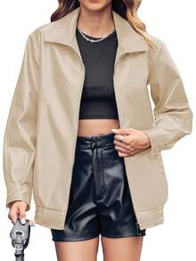 Womens Oversized Leather Jackets Faux Casual Zip Up Bomber Motorcycle With Pockets S-XL