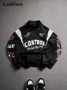 Lonblece 男士休闲套头卫衣，半拉链设计，黑白拼接，印有赛车号码。 - 黑與白 - 查看 2