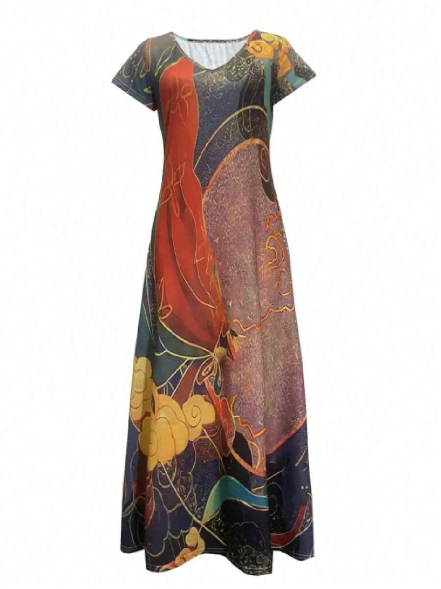 女士时尚休闲度假风印花 V 领连衣裙 - 紅色 - 查看 1