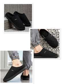 新款运动风格黑色保暖内衬拖鞋，保暖厚底防滑轻便蓬松一脚蹬拖鞋，适合室内/室外，男女通用休闲家居拖鞋 - 黑色 - 查看 3