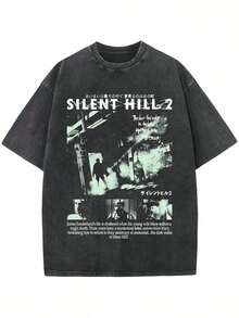 Silent Hill 2 Graphic Tee, Streetwear Retro Washed Printed Short Sleeve T-Shirt, Casual, School - 黑色 - 查看 1