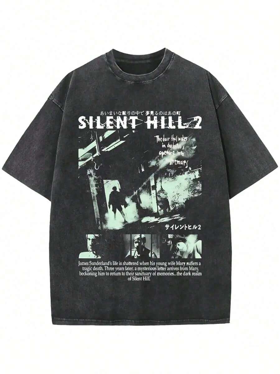 Silent Hill 2 Graphic Tee, Streetwear Retro Washed Printed Short Sleeve T-Shirt, Casual, School - 黑色 - 查看 1